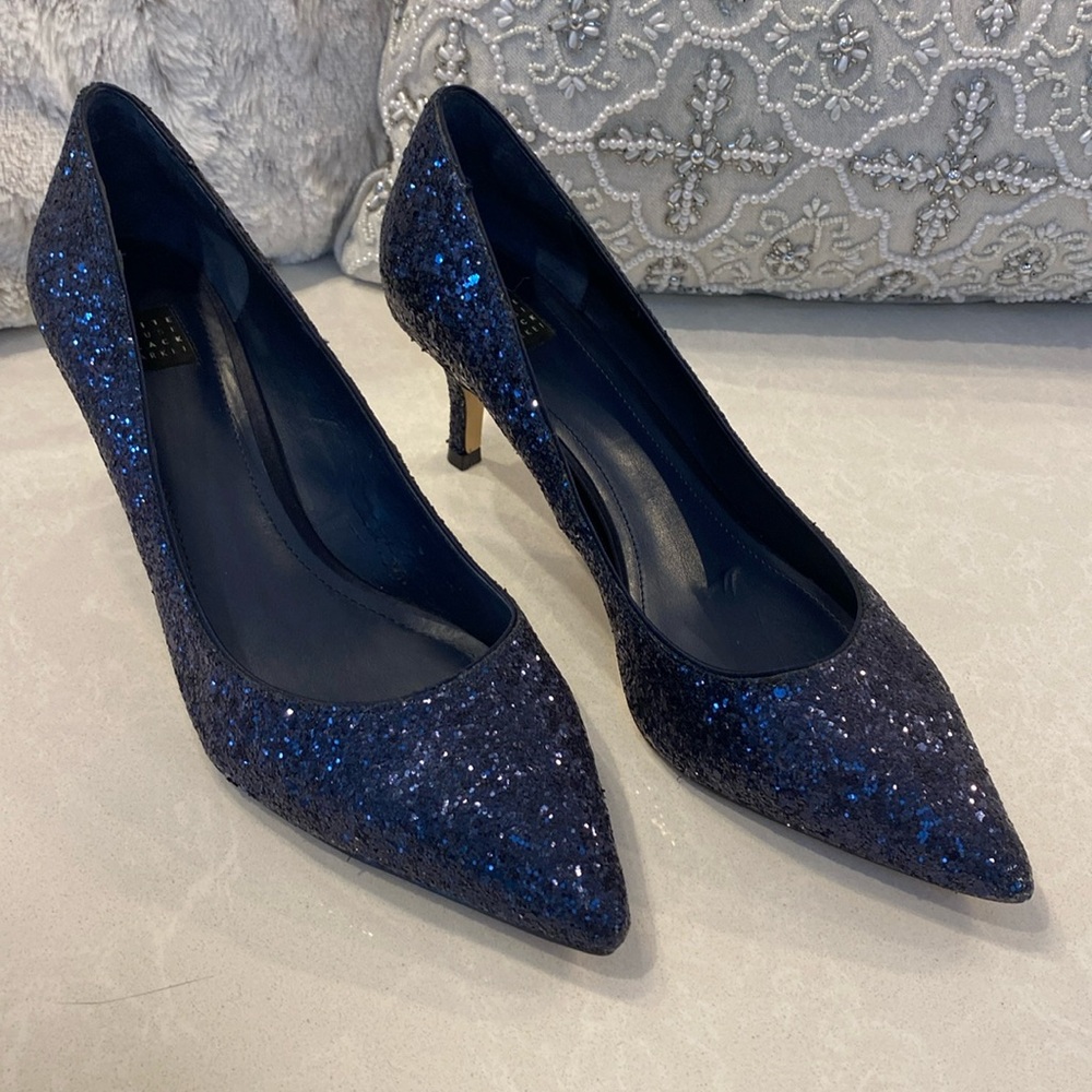 WHBM Midnight Blue Glitter Pumps Kitten Heels Size 9